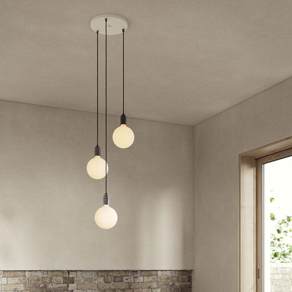 Canopy & Sphere Bulb Triple ceiling plate & pendant set, H400 x W25cm, White & Steel-0