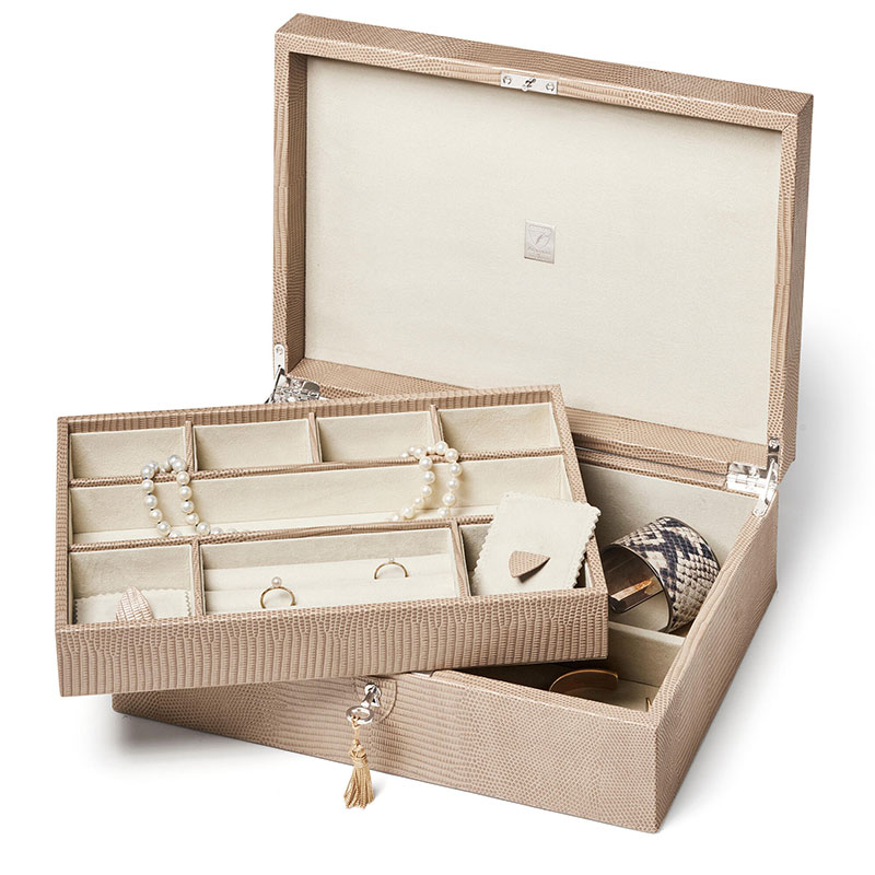 Grand Luxe Jewellery Case, L24 x W33cm, Latte Lizard-0