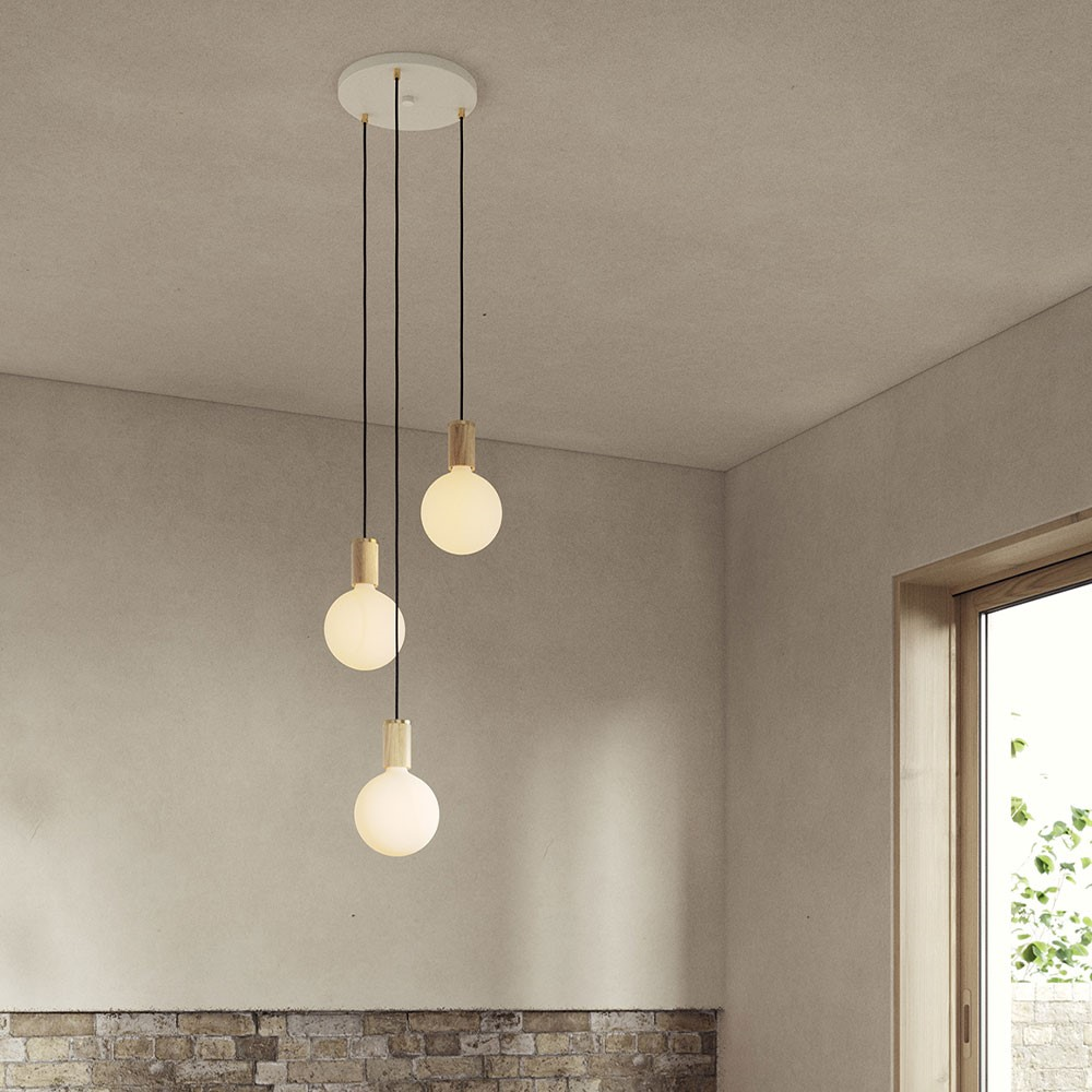 Canopy & Sphere Bulb Triple ceiling plate & pendant set, H400 x W25cm, White & Oak-0