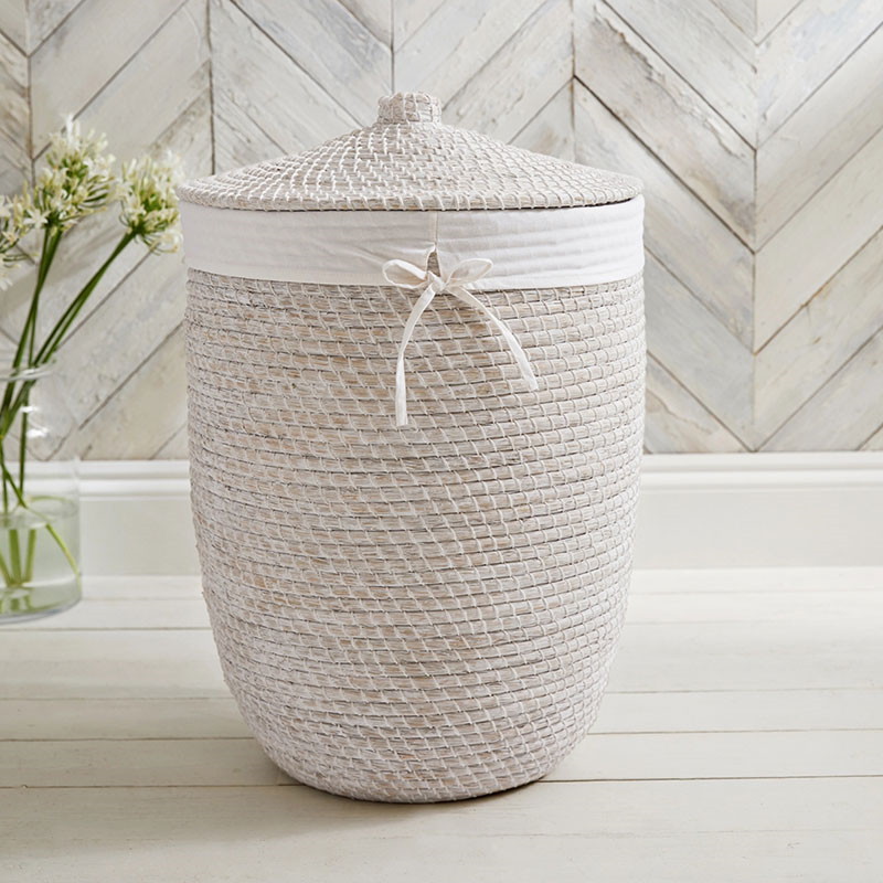 Woven Seagrass Laundry Basket, H64cm x D46cm, White-1