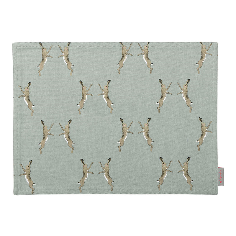 Boxing Hares Fabric Placemat, Duck Egg Grey-3