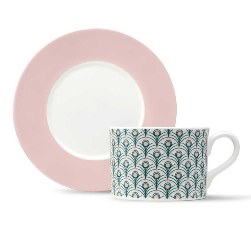 Peacock Cup and Saucer, 250ml, Teal & Blush Pink-0