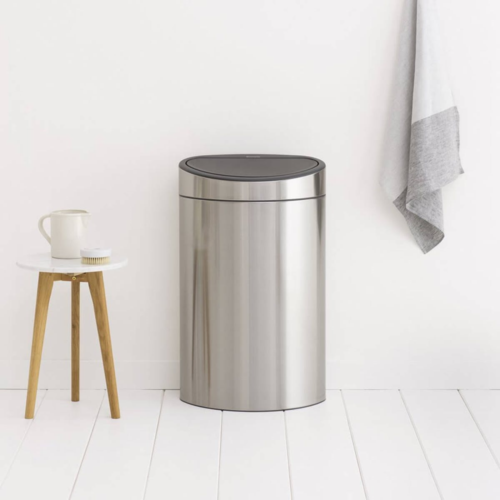 Plastic bucket touch bin, 40 litre, Matt Steel Fingerprint Proof-0