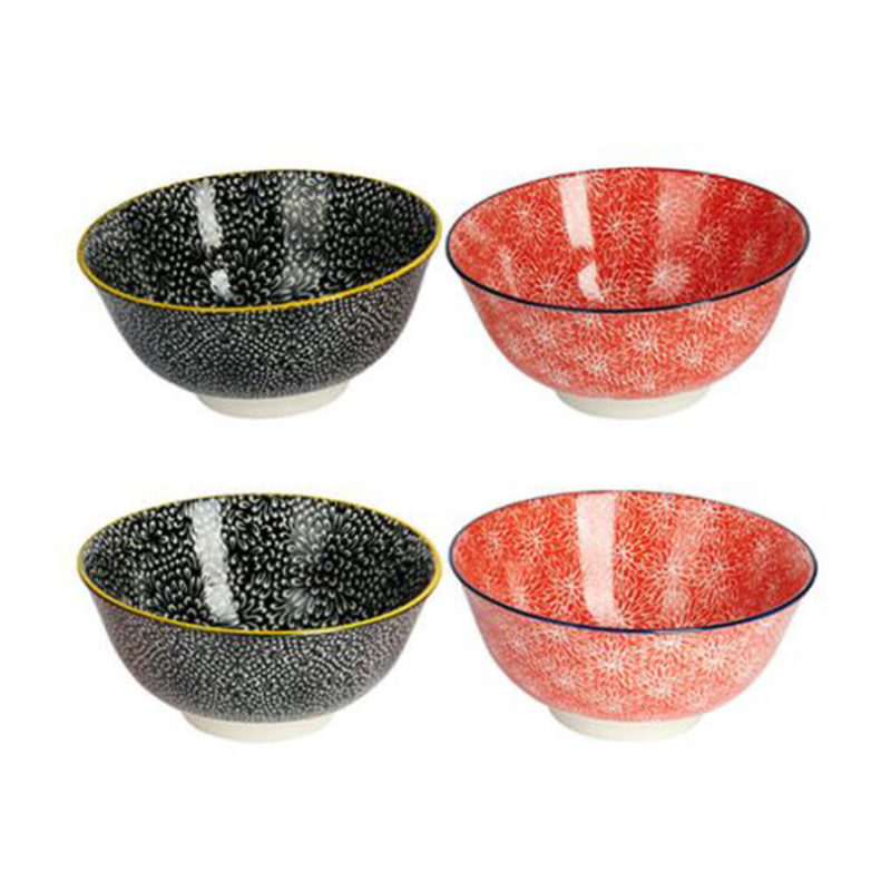 Floral Set of 4 Bowls, D15.5cm, Red/Black-0