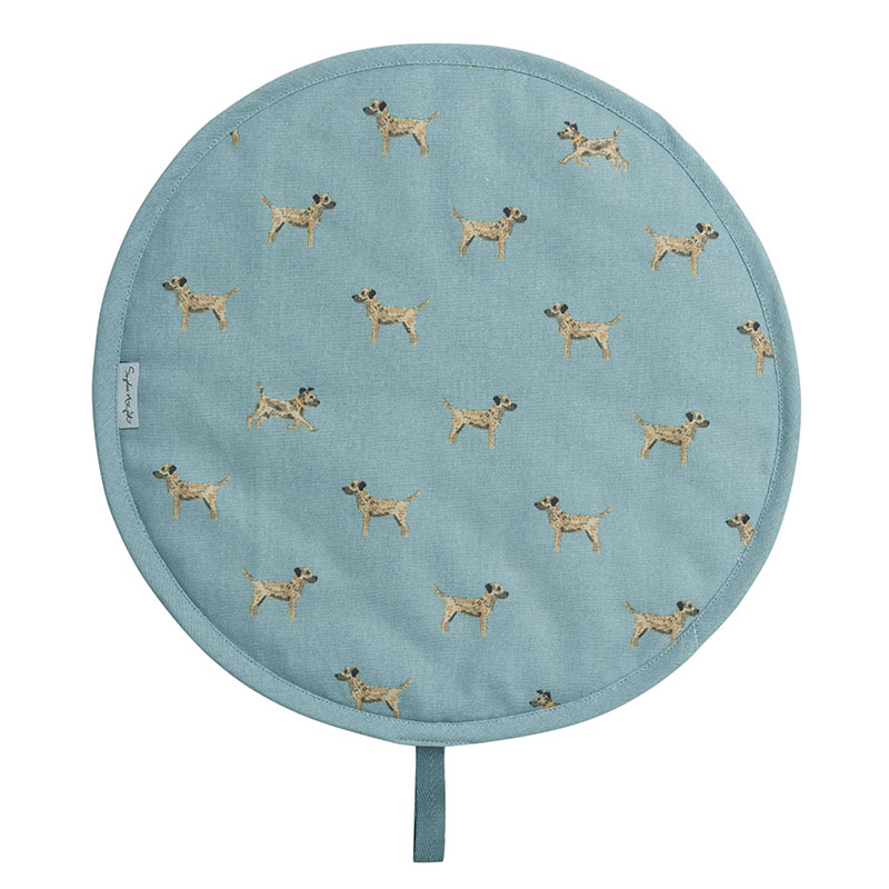 Border Terrier Round Hob Cover, D38cm, Teal, Taupe, Brown-0