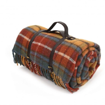 Polo Fringe Picnic Rug, Tartan, Antique Buchanan (Leather Straps), Yellow/Brown/Blue/White-0