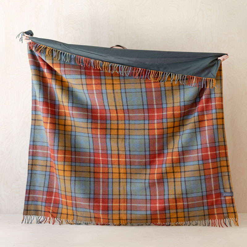 Recycled Wool Picnic Blanket with Brown Leather Carrier, 140 x 190cm, Buchanan Antique Tartan-3