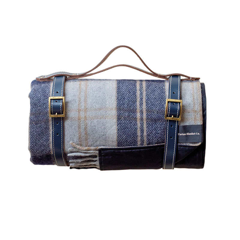 Recycled Wool Picnic Blanket with Brown Leather Carrier, 140 x 190cm, Bannockbane Silver Tartan-1