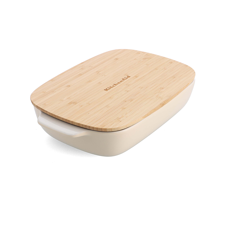 Stoneware Dish with Bamboo Lid, 32cm, Almond Cream-5