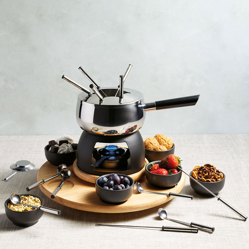 6 Person Party Fondue Set, Stainless Steel/Black Glaze-3