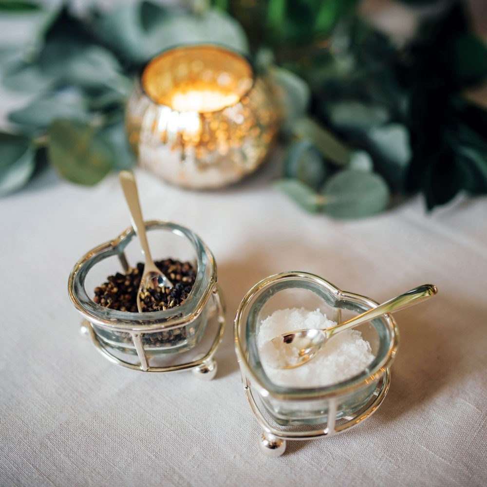 Heart Salt and pepper set with spoons, 4.5 x 7 x 6cm, Stainless Steel Nickle Plate And Glass-1