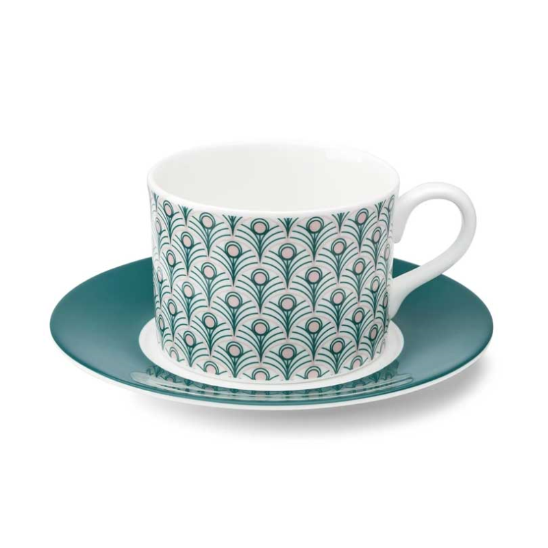 Peacock Cup and Saucer, 250ml, Teal & Blush Pink-1