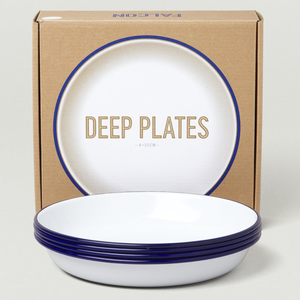 Set of 4 enamel deep plates, D22cm, White With Blue Rim-0