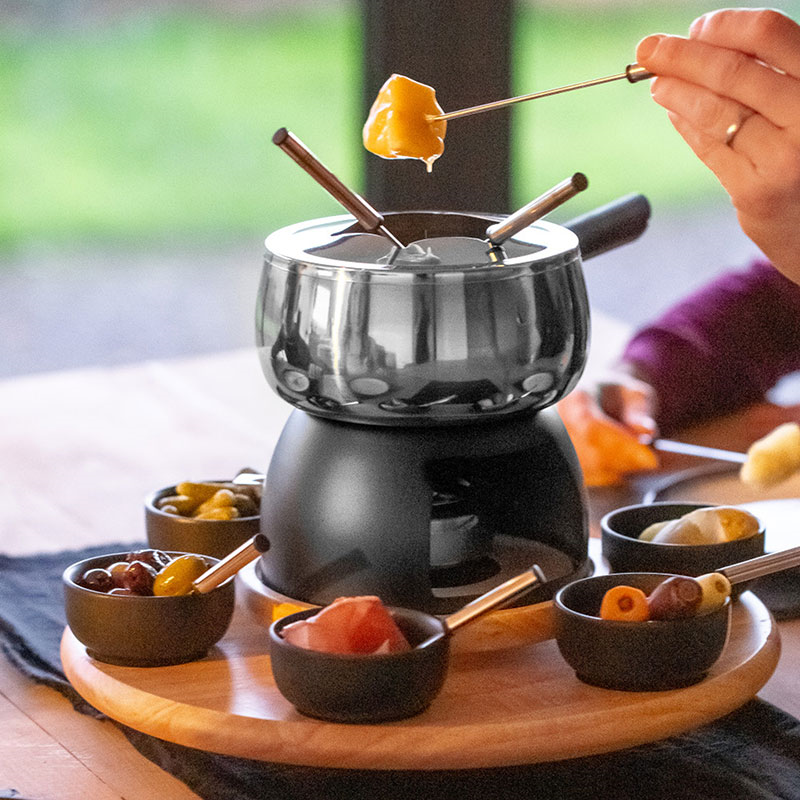 6 Person Party Fondue Set, Stainless Steel/Black Glaze-0