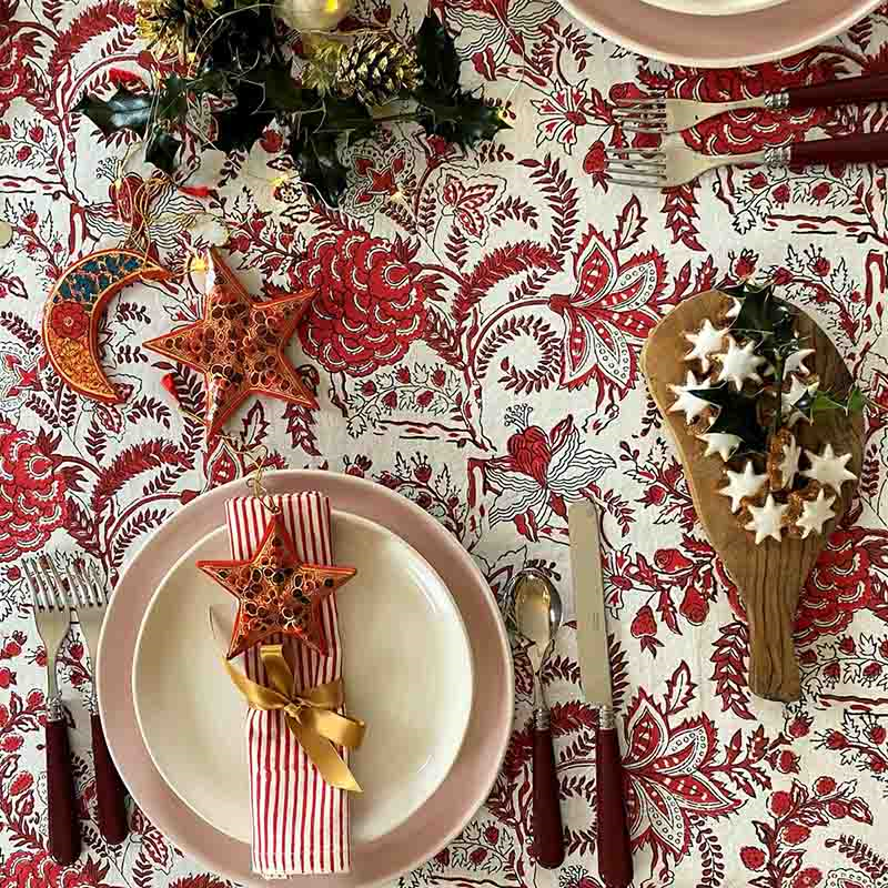 Bahaar Rouge Blockprint Tablecloth, 170 x 270cm, Red And White-0