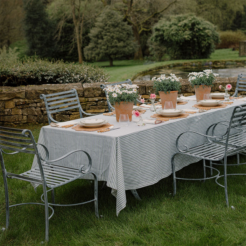 Victoria Striped Linen Tablecloth, 160 x 260cm, Chalk & Moss Green-0