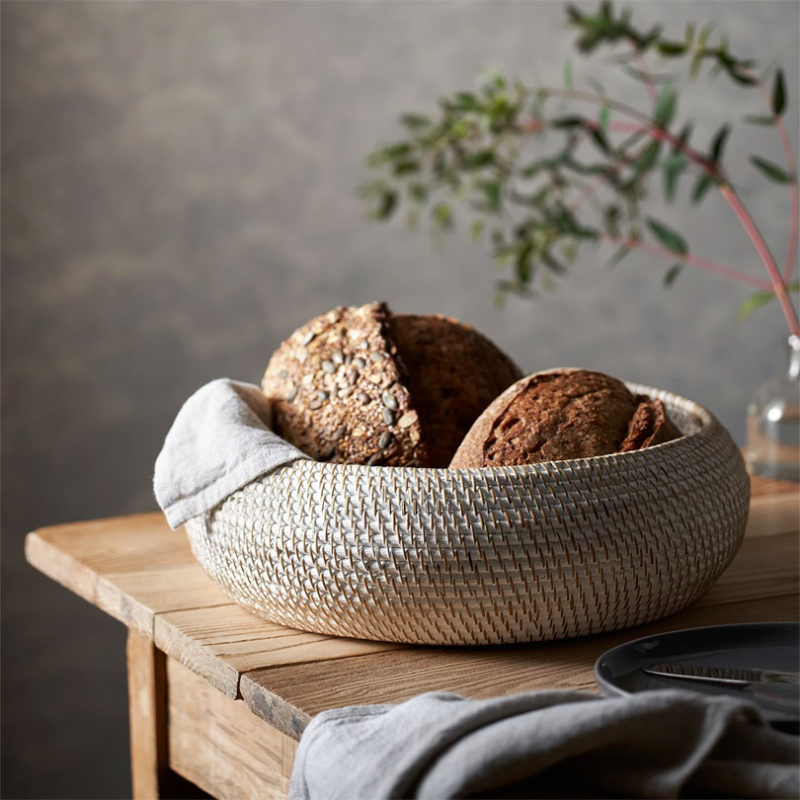 Whitewashed Rattan Round Bowl, H15 x W34cm, White-0