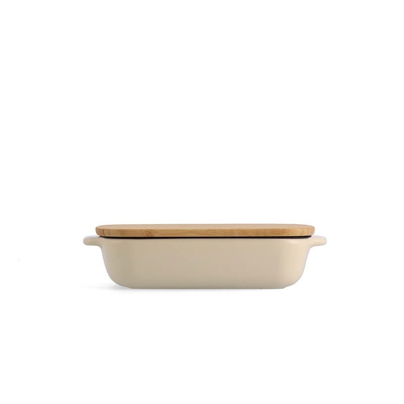 Stoneware Dish with Bamboo Lid, 20cm, Almond Cream-0