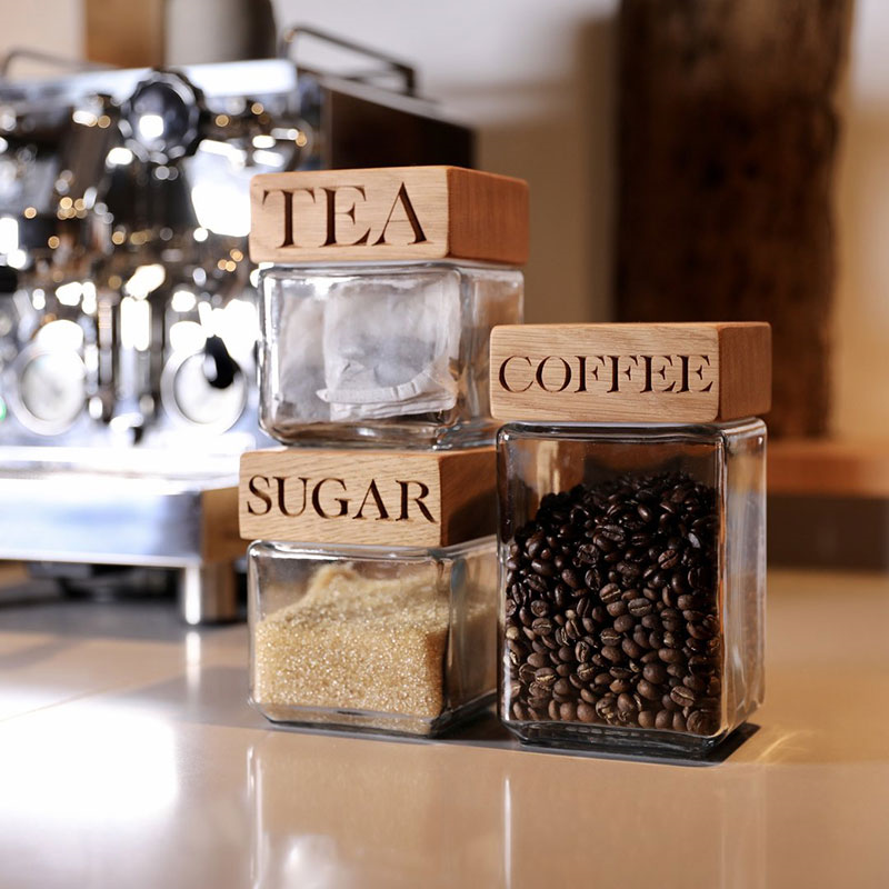 Tea, Coffee, Sugar Storage Jar Set of 3, Oak & Glass-2