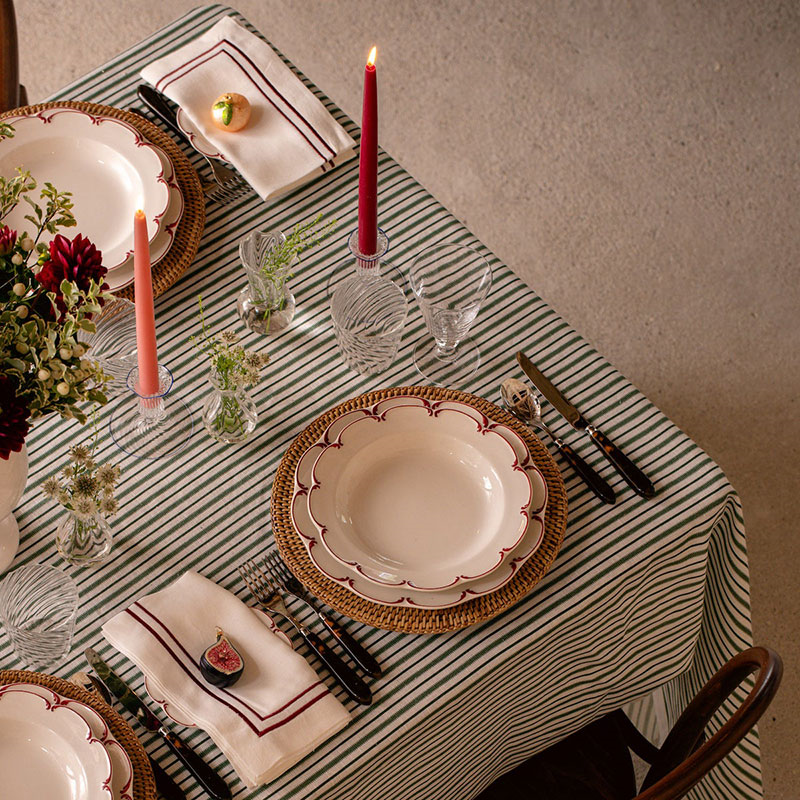 Victoria Striped Linen Tablecloth, 160 x 260cm, Fir Green-6