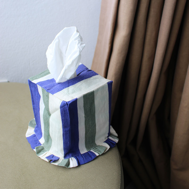 Stripe Tissue Box Cover, L12 x W12 x H13.5cm, Cobalt & Sea Green-0