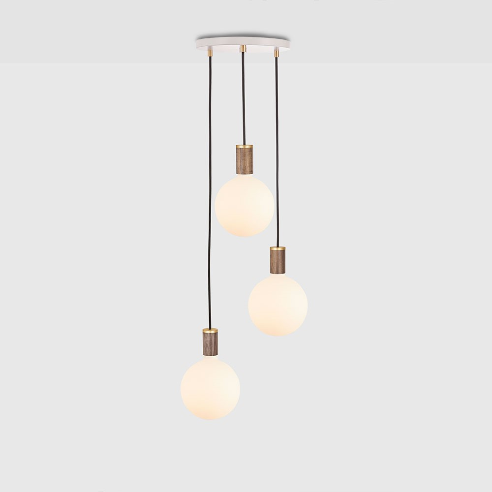 Canopy & Sphere Bulb Triple ceiling plate & pendant set, H400 x W25cm, White & Walnut-1