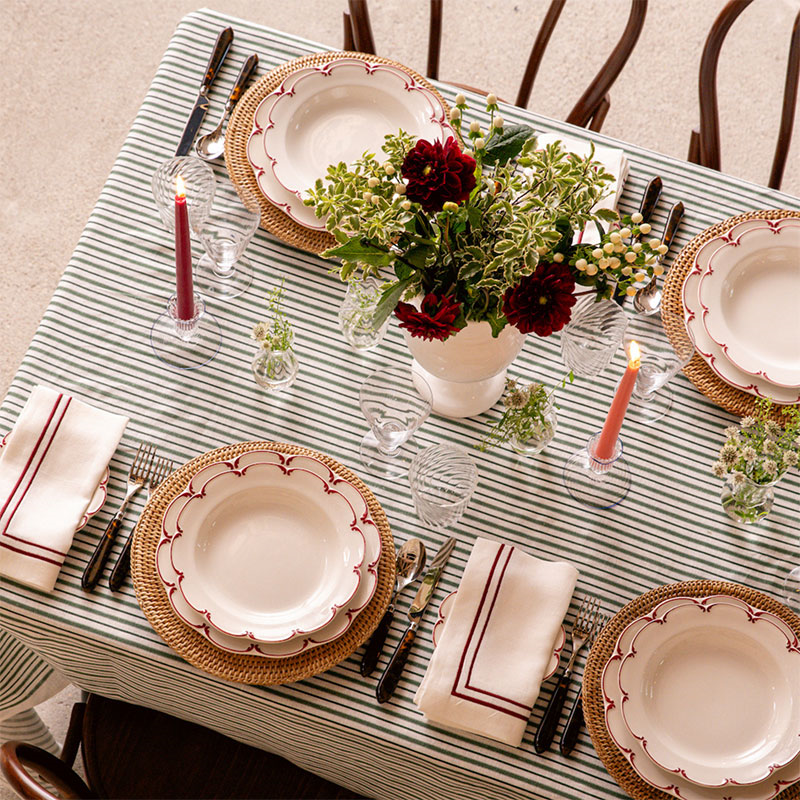 Victoria Striped Linen Tablecloth, 160 x 260cm, Fir Green-5