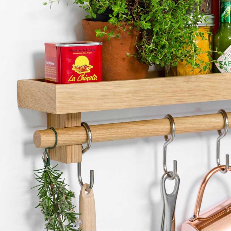 Cookhouse Utensils rail shelf, H10.5 x W61 x D10cm, Natural Oak-2