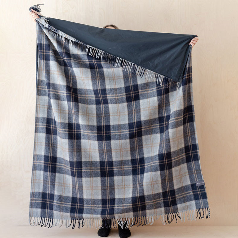 Recycled Wool Picnic Blanket with Brown Leather Carrier, 140 x 190cm, Bannockbane Silver Tartan-2