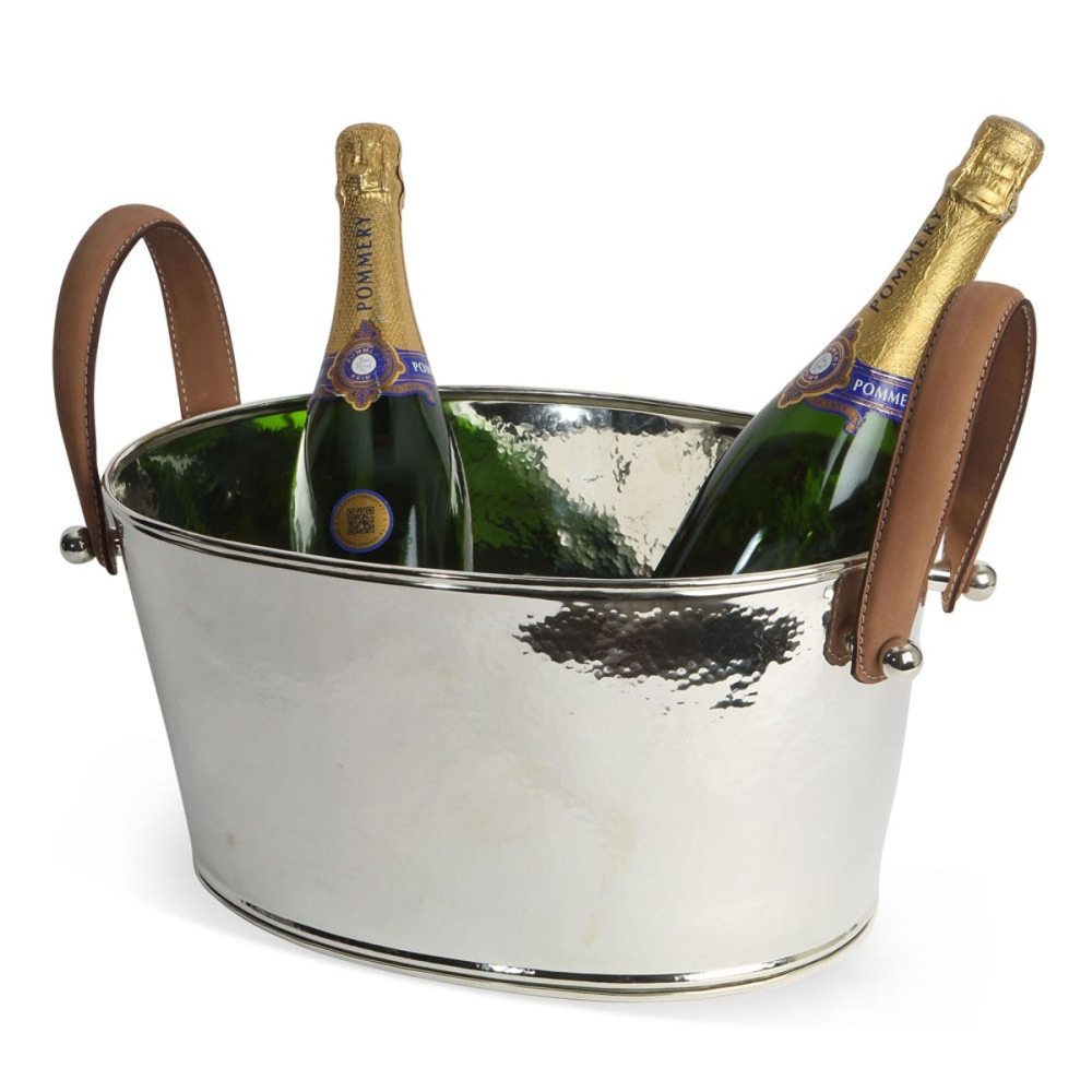 Leather Handled Champagne bath, H18 x W20 x D38cm, Hammered Nickel Plate-1