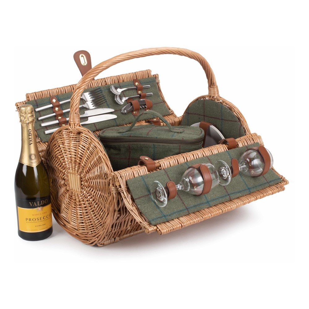 Green Tweed Picnic hamper 2 person, H42 xW30 x L46cm, Green/Brown-1