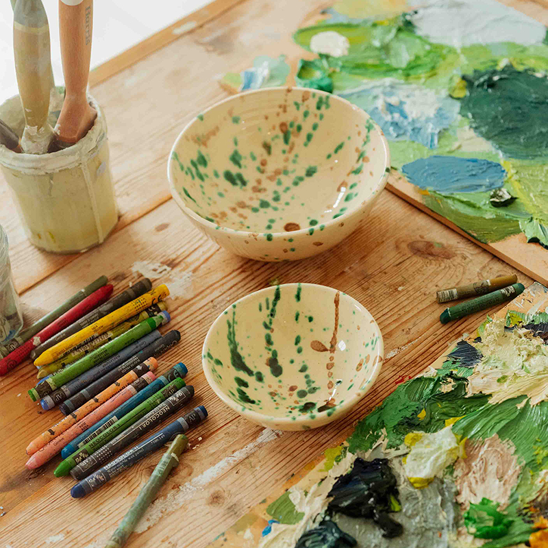 Manchada Set of 4 Speckled Bowls, D15cm, White & Green-0