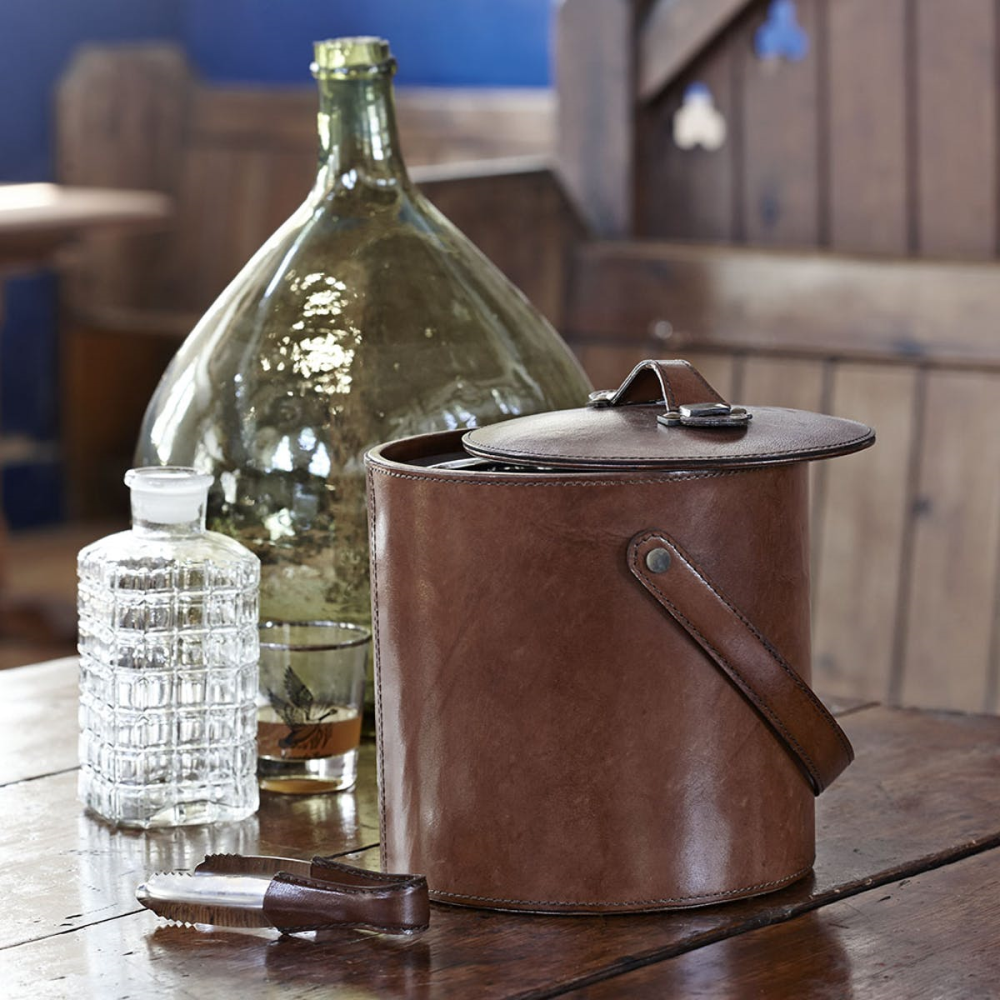 Ice bucket and tongs, Tan Leather-3