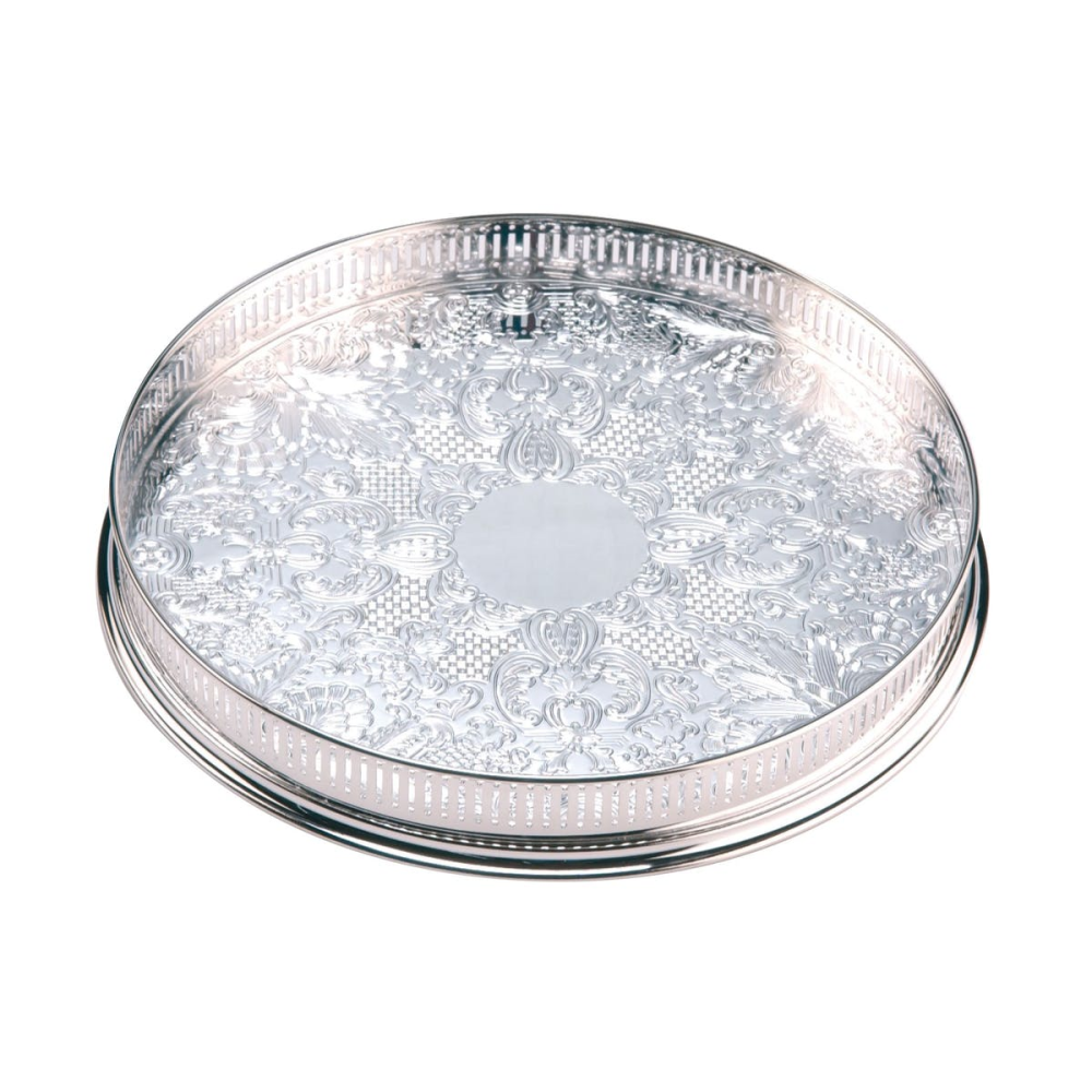 Round embossed gallery tray, 11", Silver Plate-0