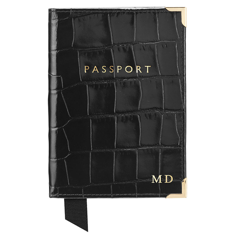 PlainPassport Cover, L14 x W9.5cm, Black Croc-3