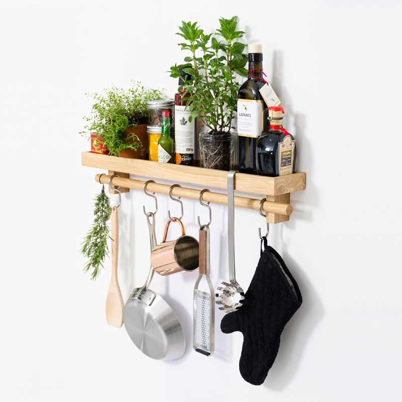 Cookhouse Utensils rail shelf, H10.5 x W61 x D10cm, Natural Oak-0