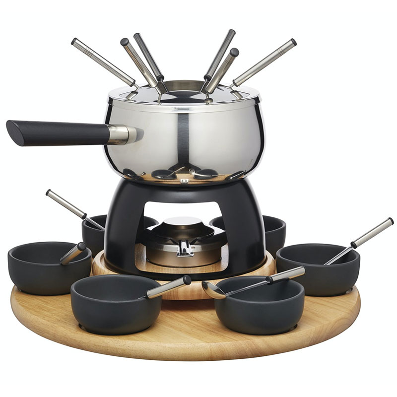 6 Person Party Fondue Set, Stainless Steel/Black Glaze-1