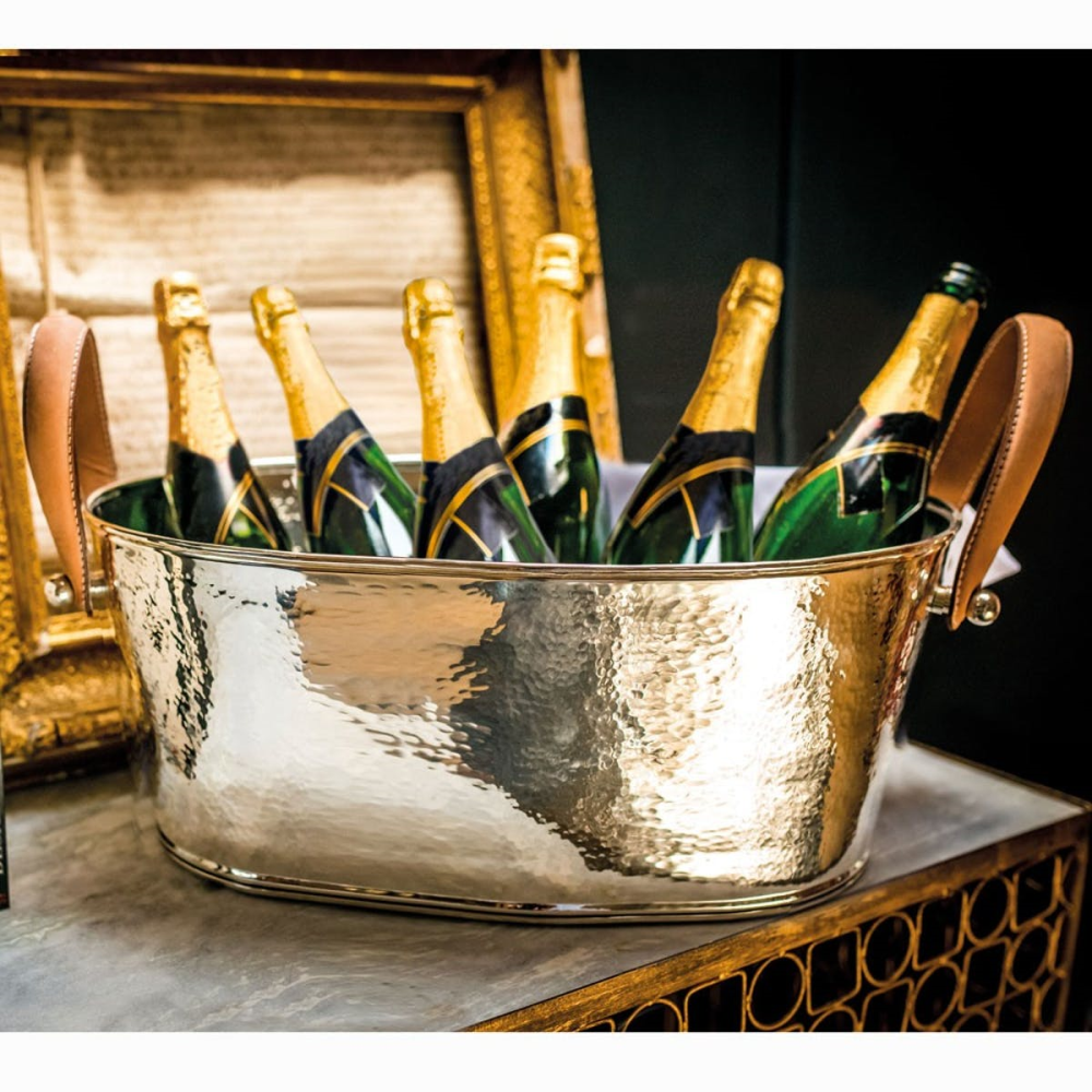 Hammered Champagne bath with leather handle, 21 x 53 x 35cm, Nickel Plate And Leather-2