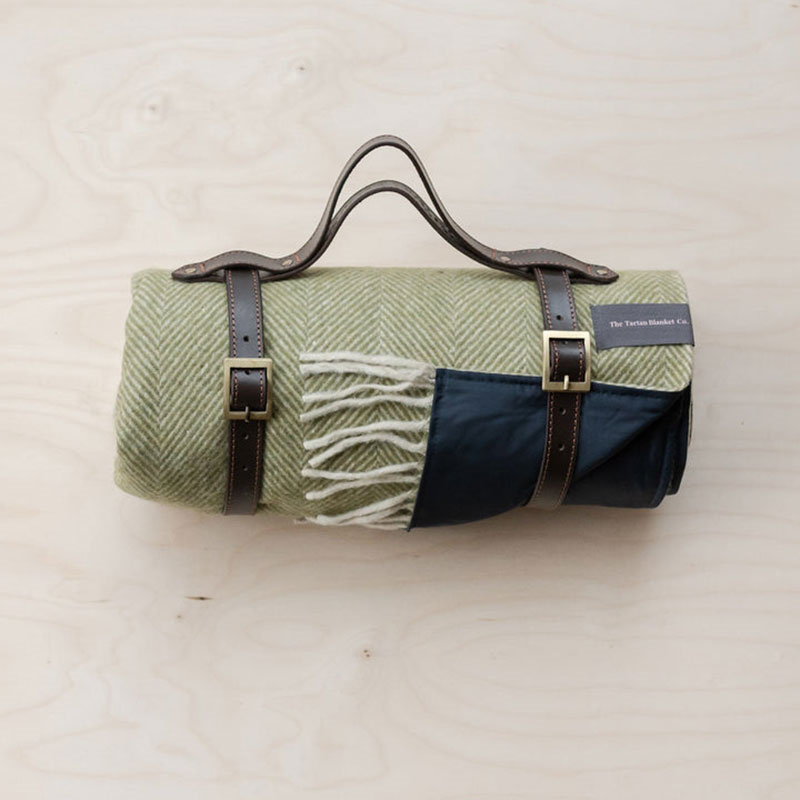 Recycled Wool Picnic Blanket with Brown Leather Carrier, 145 x 190cm, Olive Herringbone-0