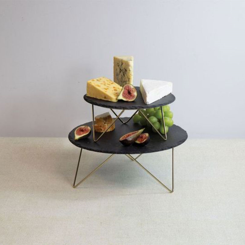 Two Tier  Slate Serving Stand, Grey/Gold-3