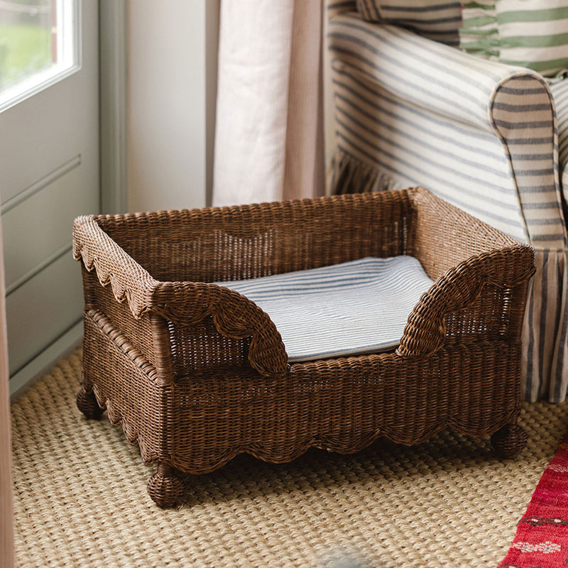 Ziggy Scalloped Rattan Dog Bed, Teak-0