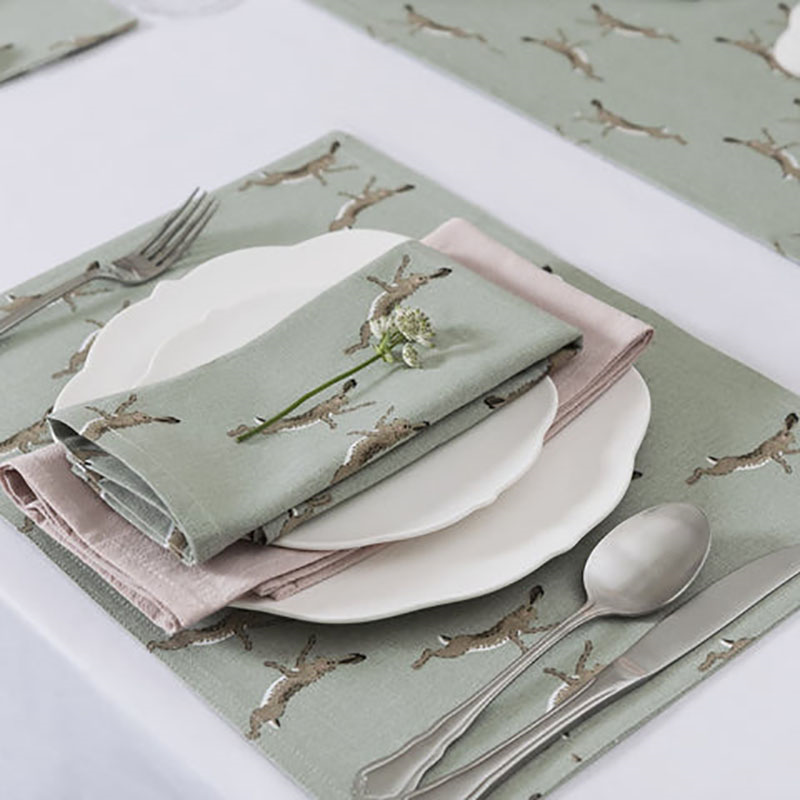 Boxing Hares Set of 4 Napkins, Duck Egg Grey-0