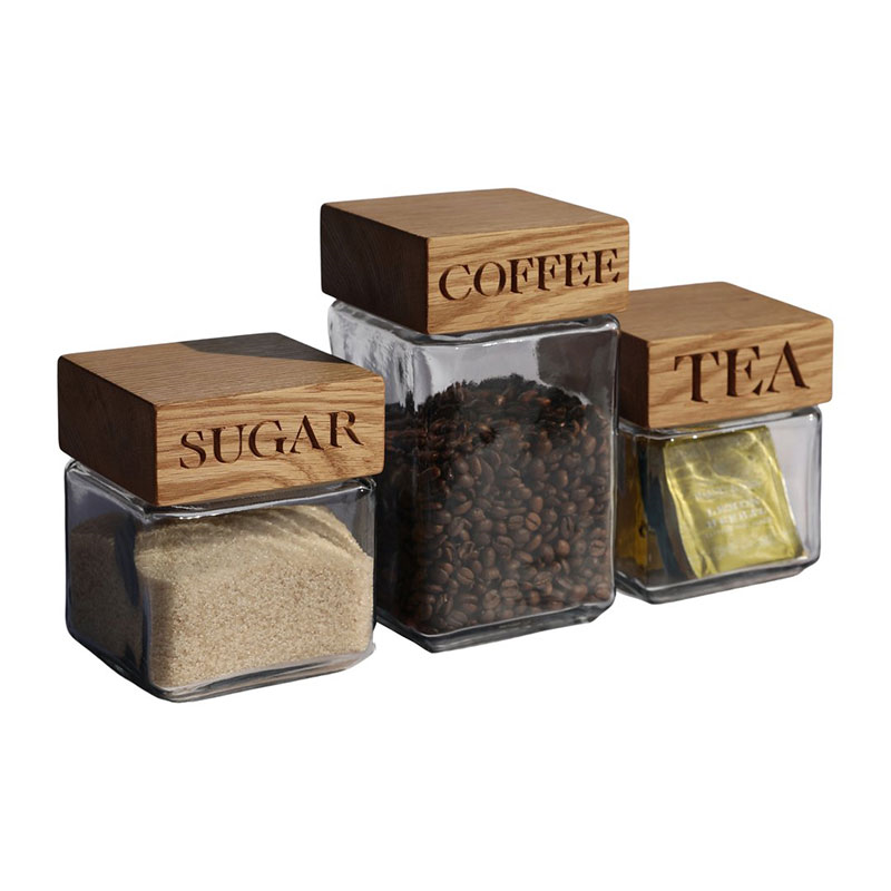 Tea, Coffee, Sugar Storage Jar Set of 3, Oak & Glass-1