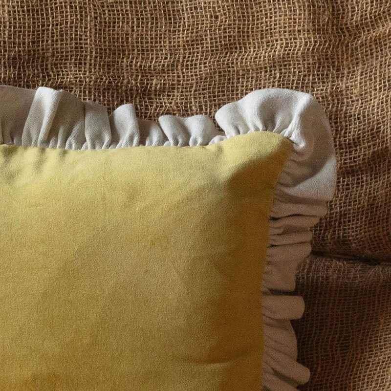 Velvet & Linen Frilled Cushion, 60 x 60cm, Mustard-1