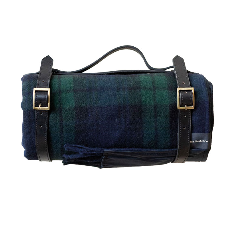 Recycled Wool Picnic Blanket with Black Leather Carrier, 140 x 190cm, Black Watch Tartan-1