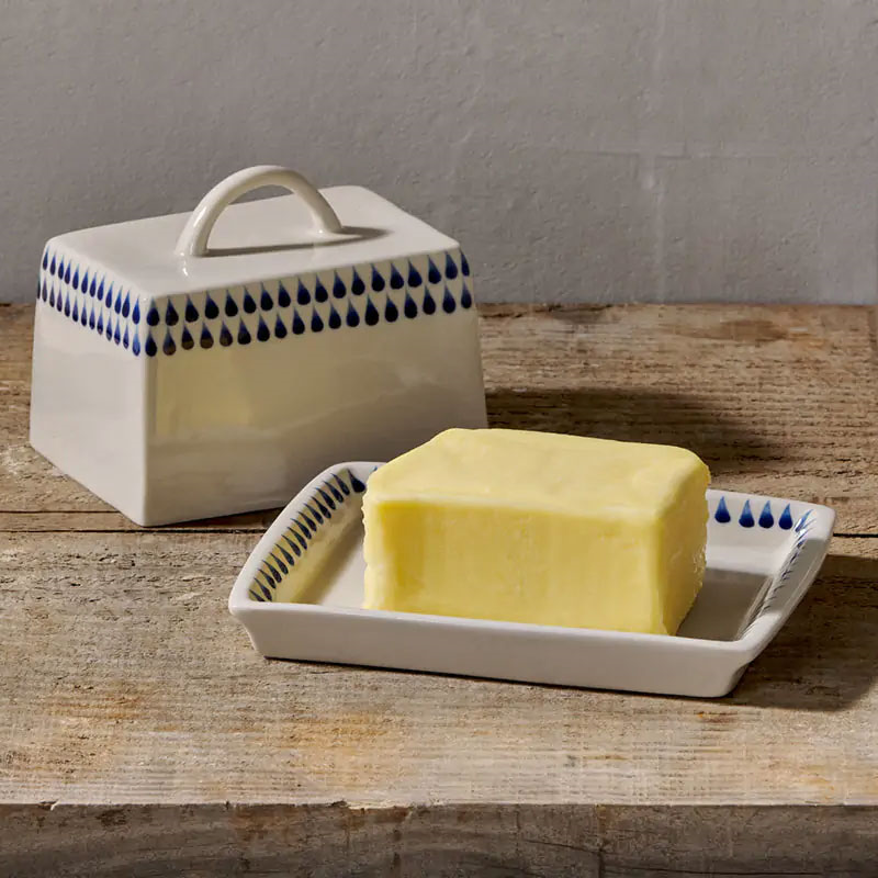 Indigo Drop Butter Dish, Cream & Blue-4