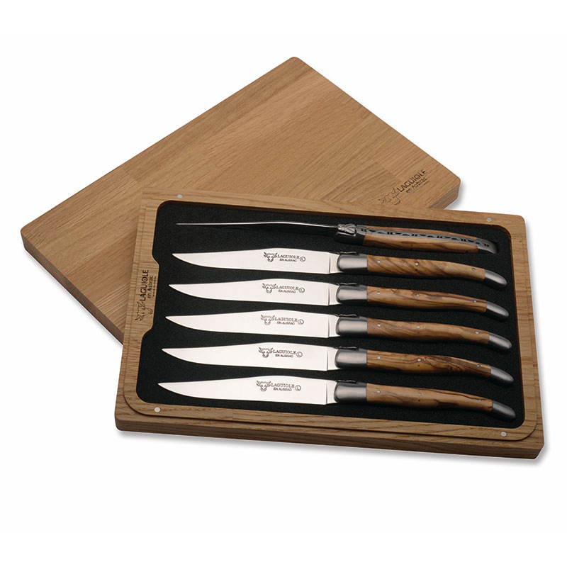 Set of 6 Laguiole Steak Knives, Olive Wood Handles-0