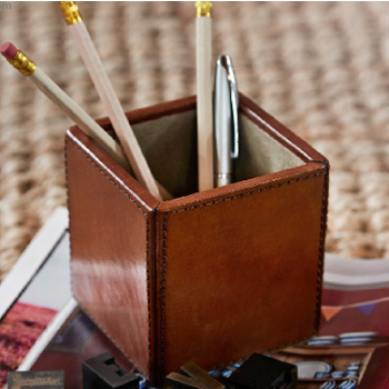 Pen Pot, Square, Tan Leather, 10cm-0