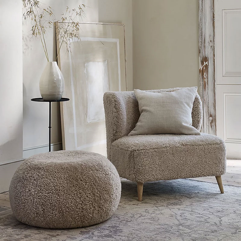 Sheepskin Cosy Pouffe, H35 x D60cm, Oatmeal-2