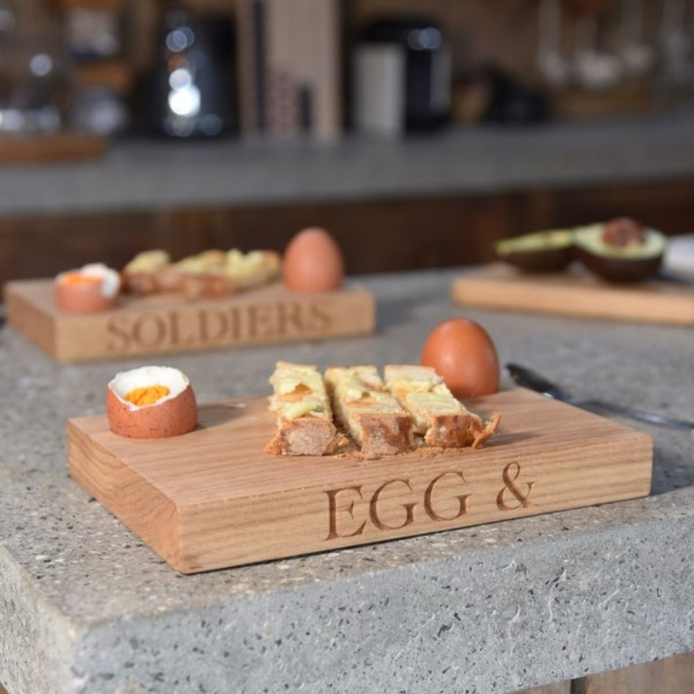 Engraved Egg Cup/Board, 'Egg & Soldiers', Oak, 23 x 16 x 3cm-1